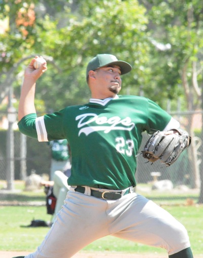 East Los Angeles College sophomore pitcher Alex Carrillo, pictured from last season, got the win in a 6-4 victory at College of the Desert on Jan. 27. He recorded five strikes. (Photo by DeeDee Jackson)
