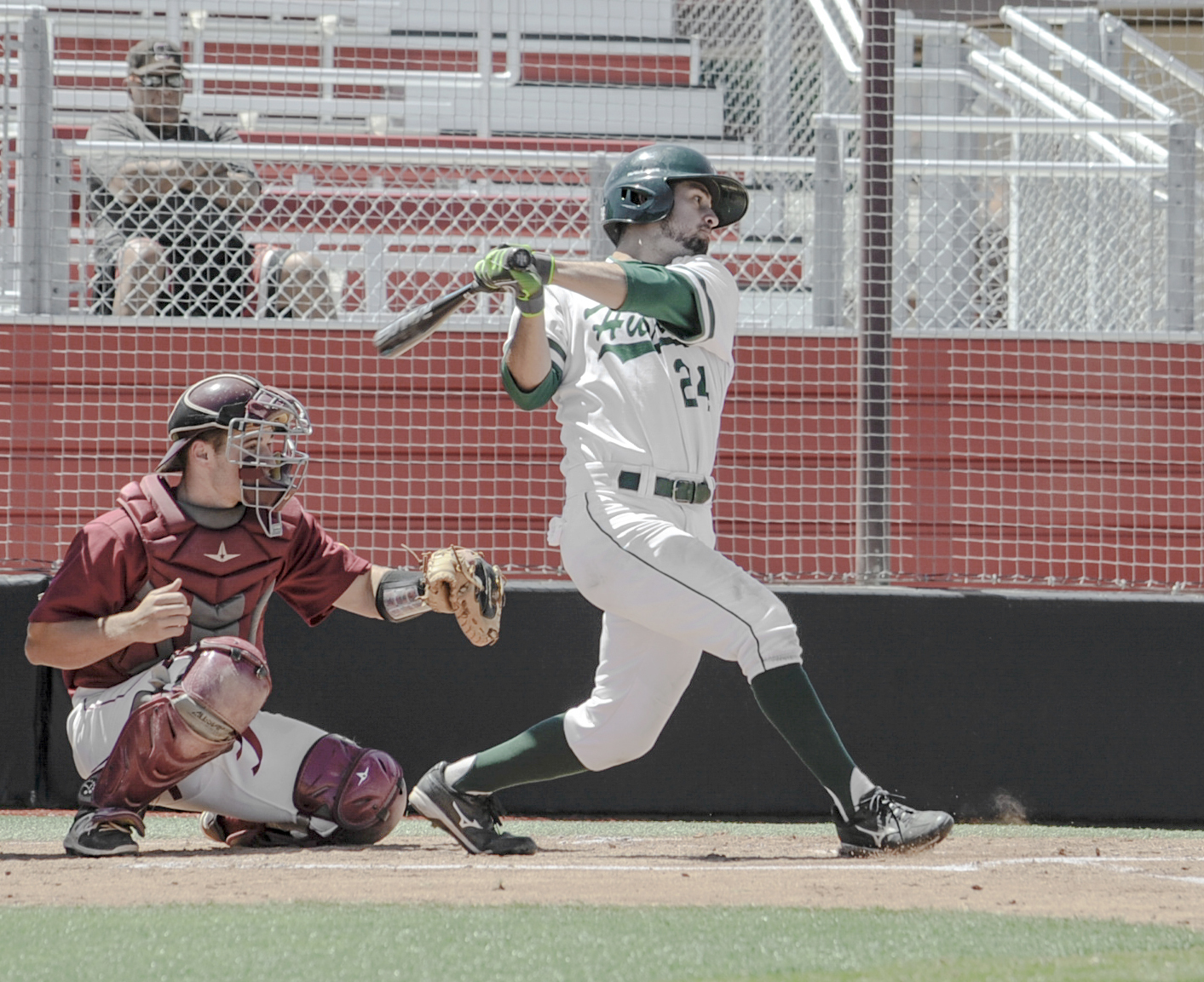 No. 14 (CCCBCA South poll) East Los Angeles College freshman Steve Nuno belts a double in a 7-5 loss to No. 4 Saddleback College in the 2018 Baseball Southern California Regional Bracket playoffs. (Photo by Tadzio Garcia)