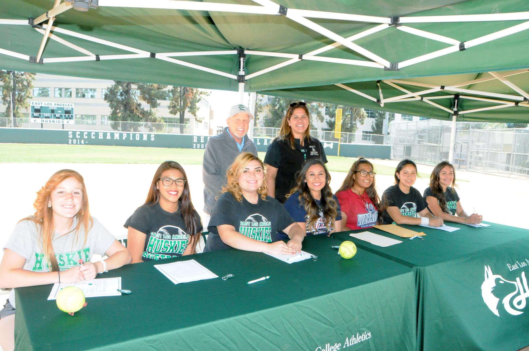 Sophomores from the softball team that will attend four-year universities in the fall, from left, Melanie Ruelas, Sujey Zamudio, Ashley Day, Byanka Diosdado, Joslyn Macias, Alizah Mayagoitia and Sidney Alaniz. Back row: Athletic Director Al Cone and Softball Coach Erika Blanco.