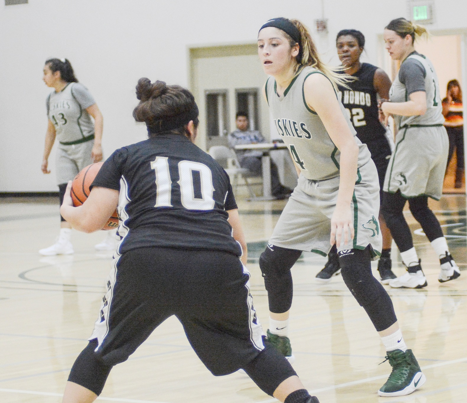 The East Los Angeles College Lady Huskies and sophomore Allissa Gomez work on defense and are in position to defend Rio Hondo's back door plays, in a 68-41 Husky win in Whittier on Jan. 20. (Photo by Tadzio Garcia)