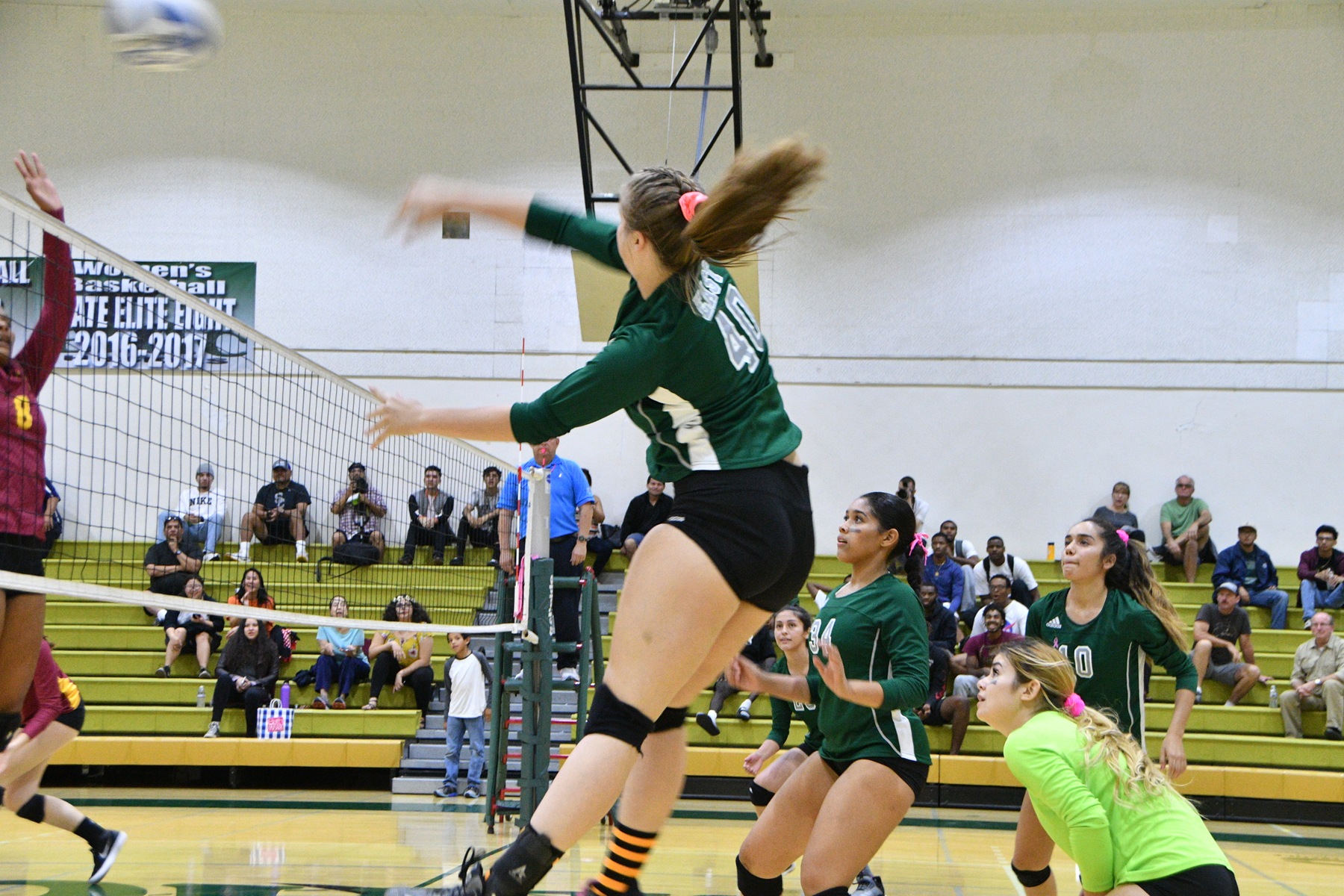 East Los Angeles College freshman outside hitter Ryley Rhamy attempts a kill from another game. The Huskies won 3-0 ( (25-12, 25-16, 25-14) over Cal Lutheran University. (Photo by DeeDee Jackson)